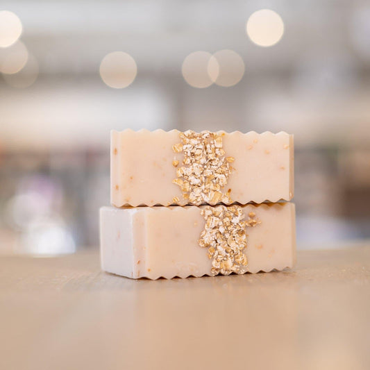Stacked bars of side facing Oatmeal Honey Shea Butter Soap
