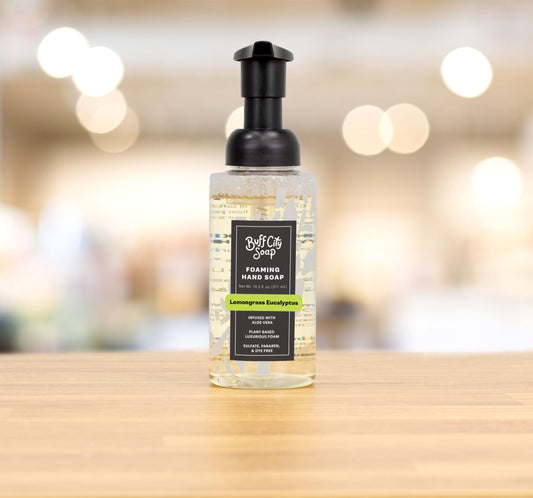 Lemongrass + Eucalyptus Foaming Hand Soap bottle with aloe vera and fresh citrus notes