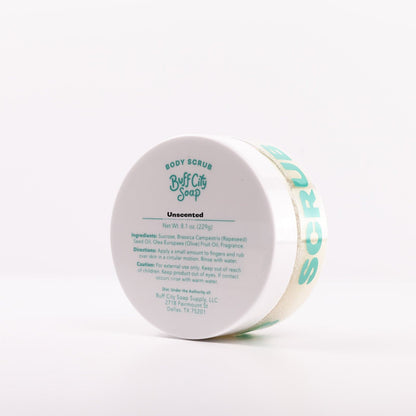 Jar of Unscented Body Scrub placed on its side and angled left