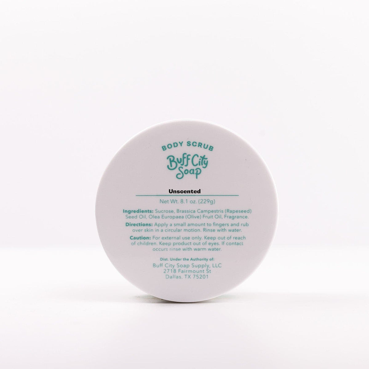 Ingredient label on lid of jar of Unscented Body Scrub